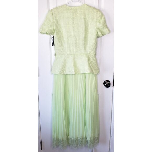 Self Portrait Boucle Chiffon Pleated Midi Dress Womens 6 Lime Tweed Belted NEW - Picture 6 of 16